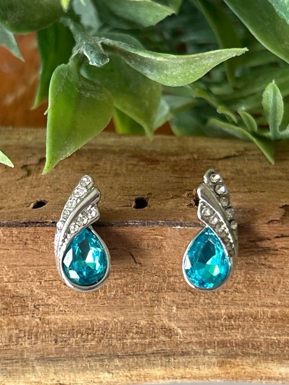 Silver Teardrop Blue Crystal Stud Earrings